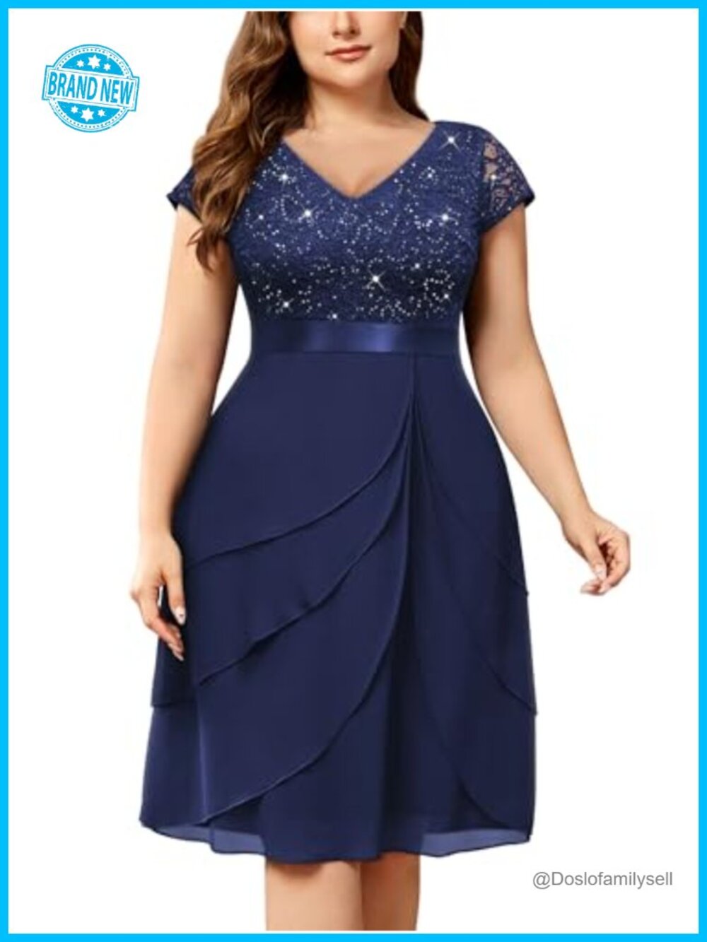 Plus Size Sequin Lace V Neck Tiered Chiffon Cocktail Party Dress